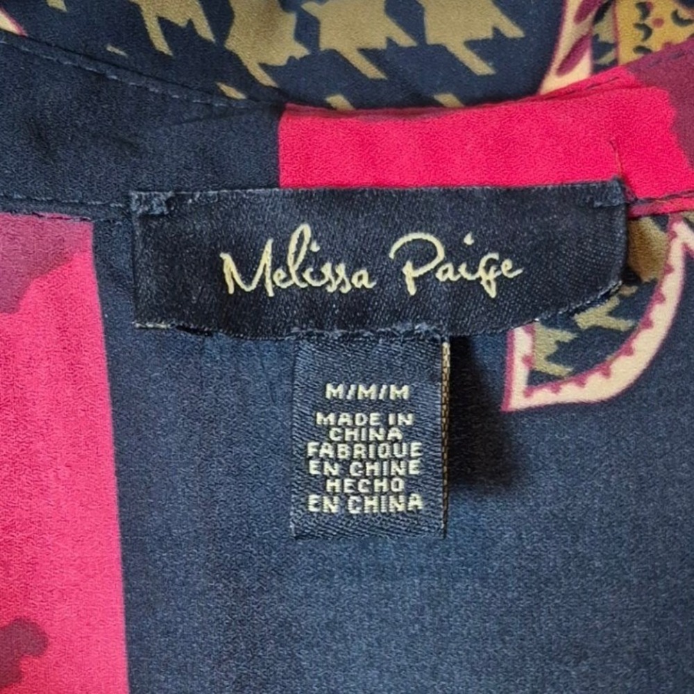 Melissa Paige Patchwork Print Tunic Top Black Red‎ Yellow Roll Tab Sleeve M/L - Picture 3 of 12